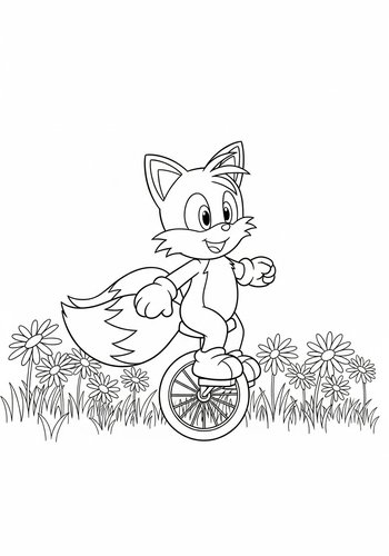 Tails Riding A Unicycle Through A Field Of Daisies Coloring Page