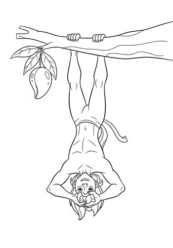 Coloring Page: Tarzan Hanging Upside Down Eating Mango - Coloring Page