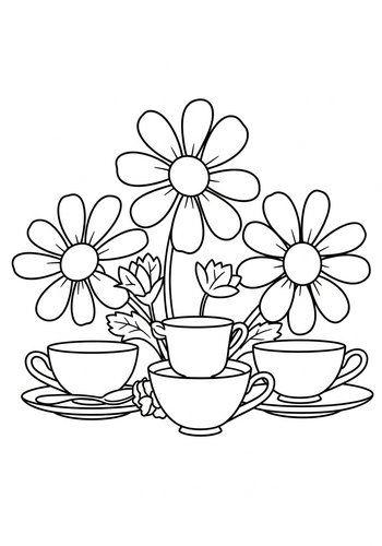 Tea Party Coloring Page: Flowers And Cups