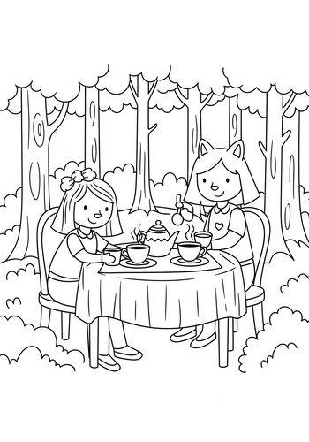 Tea Party In The Woods - Coloring Page