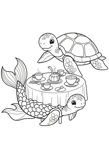 Tea Party With Turtle Friends Coloring Page