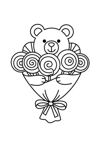 Teddy Bear And Lollipop Bouquet Coloring Page