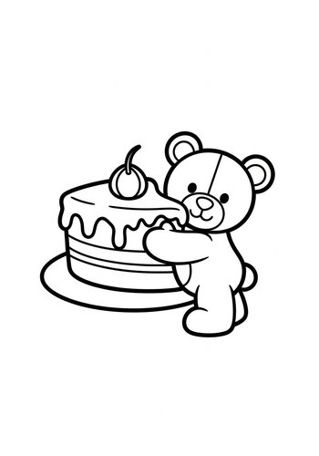Teddy Bear Hugging Cake - Coloring Page Fun
