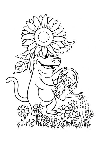 Coloring Page: Terk Wearing A Giant Sunflower As A Hat And Watering Other Flowers With A Watering Can Shaped Like A Monkey Coloring Page