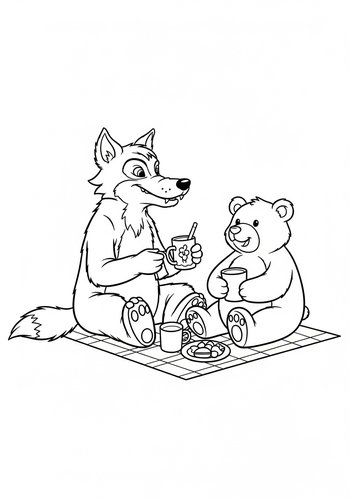 The Big Bad Wolf And Bear's Delightful Picnic Coloring Page