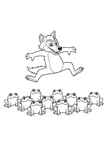 The Big Bad Wolf Playing Leapfrog With Frogs - Coloring Page Fun