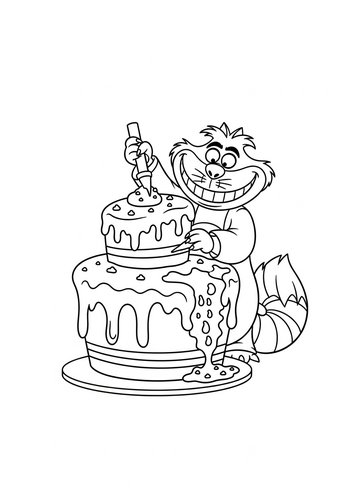 The Cheshire Cat Baking A Giant Cake With Disappearing Frosting - Coloring Page