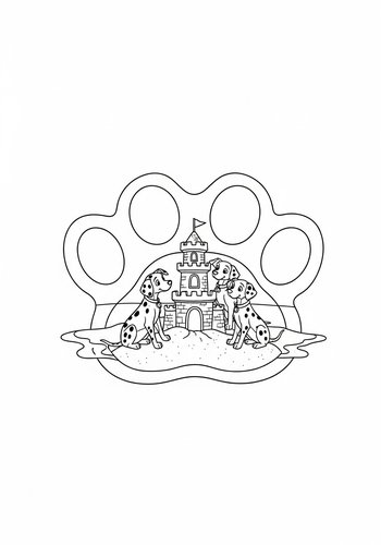 The Dalmatians Building A Sandcastle On A Beach Shaped Like A Paw Print Coloring Page