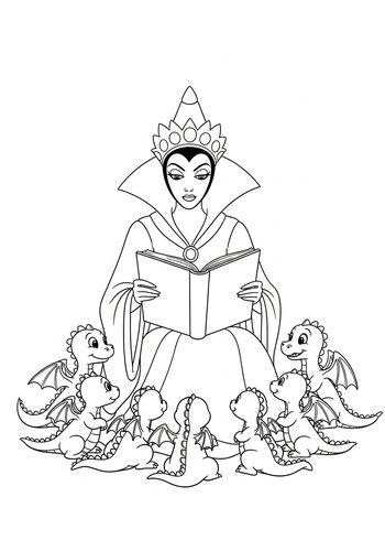 The Evil Queen Reading A Storybook To Baby Dragons Coloring Page