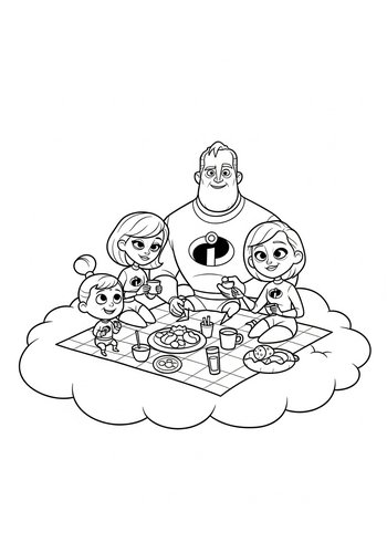 The Incredibles Family Having A Picnic On A Cloud Coloring Page