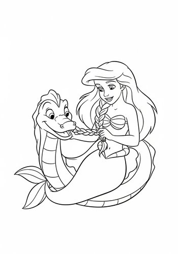 The Little Mermaid Braiding A Sea Serpent's Hair - Coloring Page