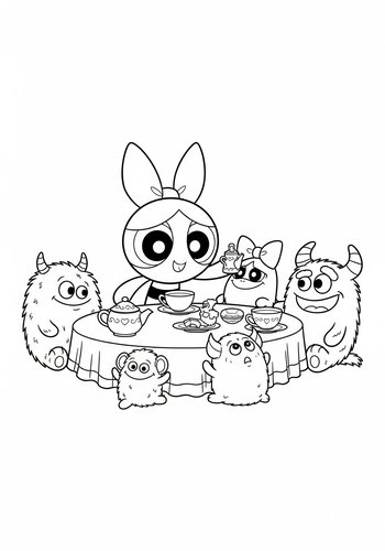 The Powerpuff Girls Having A Tea Party With Fuzzy Monsters Coloring Page