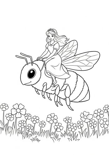 The Princess Riding A Giant Bumblebee Through A Field Of Flowers Coloring Page