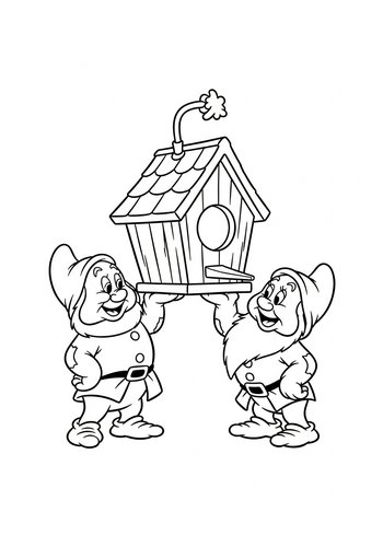 The Seven Dwarfs Building A Birdhouse Shaped Like A Diamond - Coloring Page