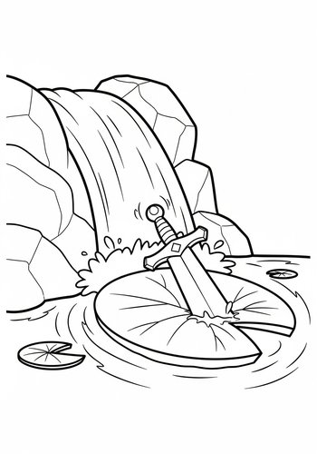 The Sword In The Stone Sliding Down A Waterfall On A Lily Pad Coloring Page