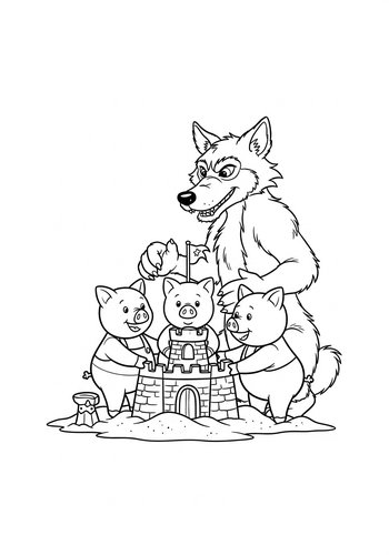 Coloring Page: The Three Little Pigs Build A Sandcastle With The Big Bad Wolf: Coloring Page Fun