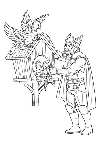 Thor Building A Birdhouse For Baby Phoenixes - Coloring Page Fun