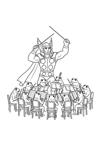 Thor Conducting An Orchestra Of Frogs: A Whimsical Coloring Page