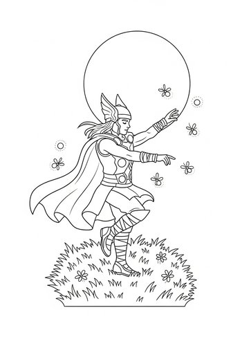 Coloring Page: Thor's Enchanted Dance: A 'thor Dancing With Fireflies In A Moonlit Meadow' Coloring Page