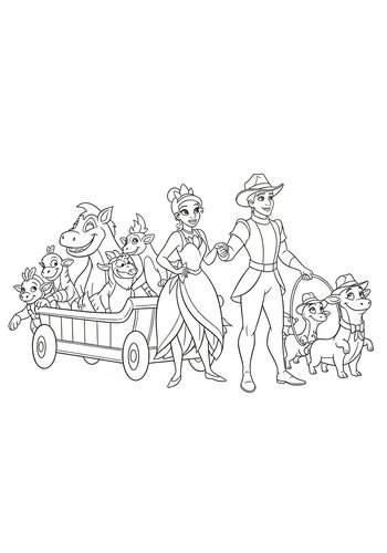 Tiana And The Frog Prince Lead A Swamp Animal Parade - Coloring Page