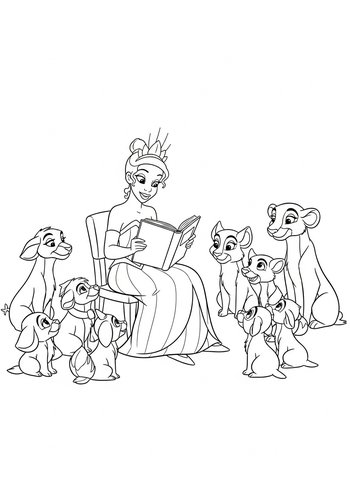 Tiana Reading A Storybook To Attentive Animals: Coloring Page
