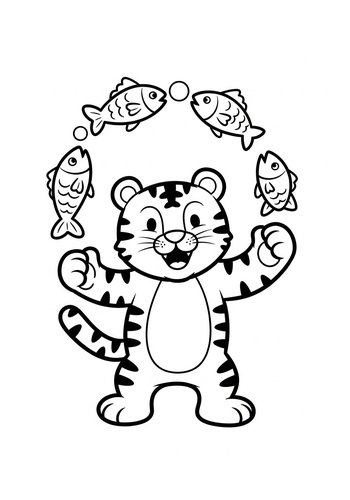Tiger Juggling Fish Coloring Page