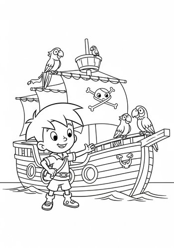 Timmy Turner Exploring A Pirate Ship With Talking Parrots Coloring Page