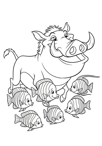 Coloring Page: Timon And Pumbaa Swimming With Colorful Tropical Fish: Coloring Page Fun