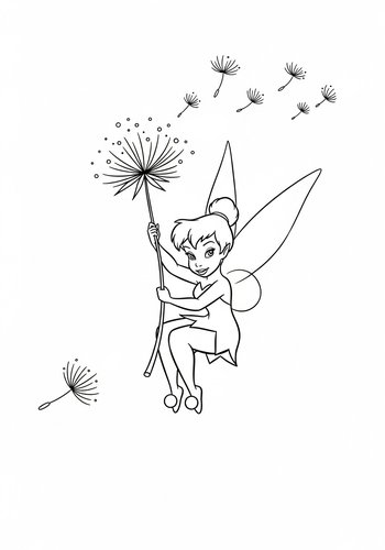 Tinker Bell Swinging On A Dandelion Seed Coloring Page