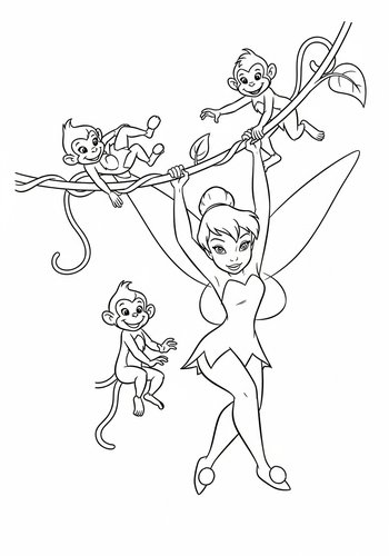 Tinker Bell Swinging On A Vine With Monkeys Coloring Page
