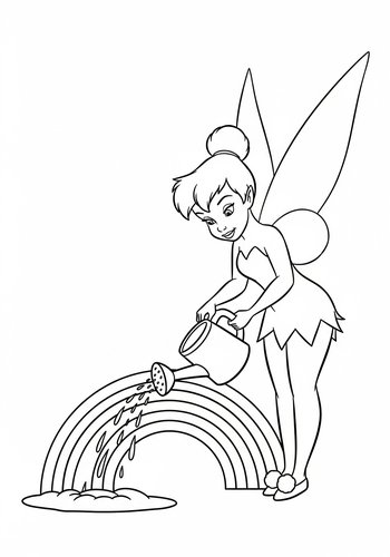 Coloring Page: Tinker Bell Watering A Miniature Rainbow Coloring Page