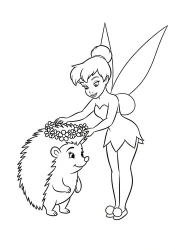 Tinkerbell Making A Flower Crown For A Hedgehog Coloring Page