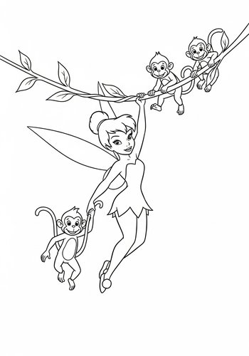 Tinkerbell Swinging From A Vine With Monkeys - Coloring Fun