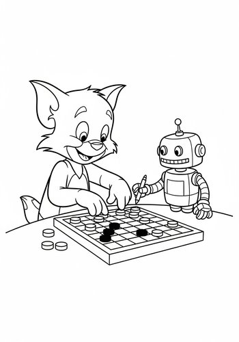Tom Playing Checkers With A Friendly Robot Coloring Page