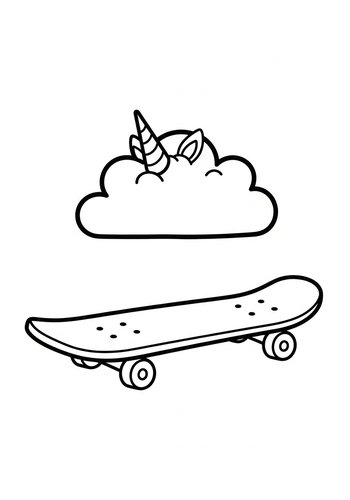 Unicorn Cloud And Skateboard Coloring Page