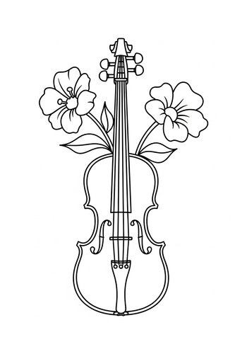 Violin And Flowers Coloring Page