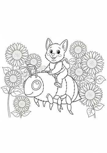 Wasabi Riding A Giant Bumblebee Through A Field Of Sunflowers - Coloring Page