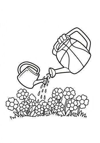 Watering Flowers Coloring Page: A Garden Scene