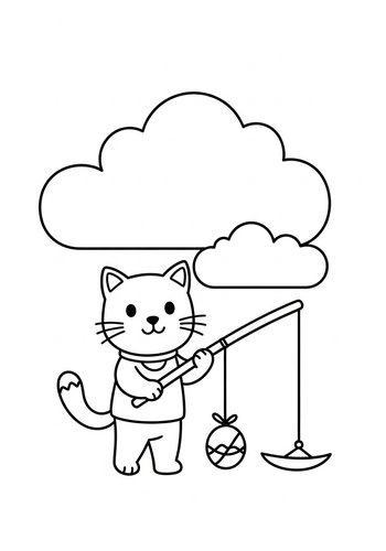 Whimsical Fishing Cat Coloring Page For Kids