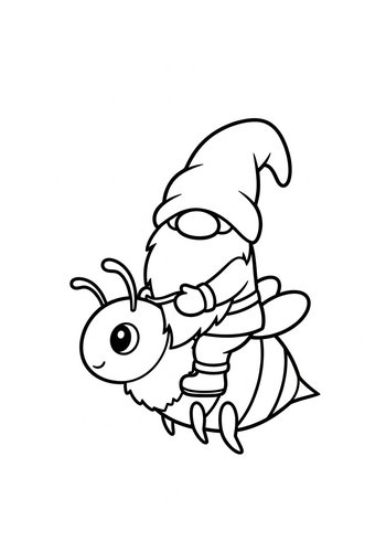 Whimsical Gnome Riding A Bee - Coloring Page Fun