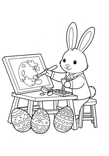 Coloring Page: White Rabbit Painting Easter Eggs With Crazy Patterns - Coloring Page