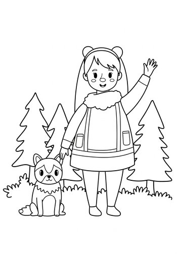 Winter Wonderland Coloring Page: Girl And Dog