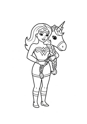 Wonder Girl With Unicorn Coloring Page