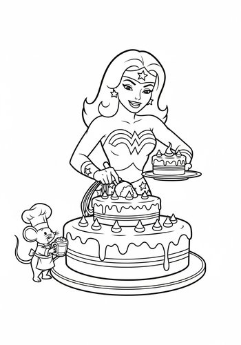 Wonder Woman Baking A Giant Cake With A Tiny Mouse Chef - Coloring Page