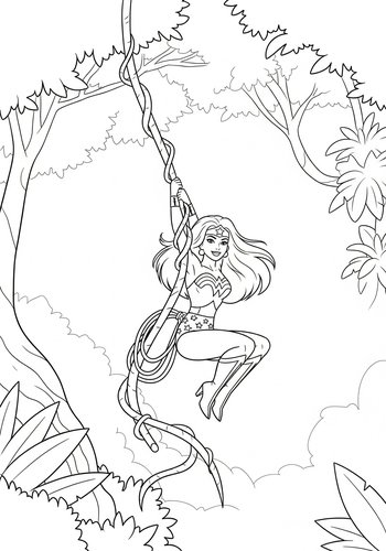 Wonder Woman Swinging From A Giant Vine In The Jungle Coloring Page