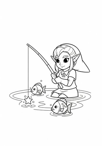 Zelda Fishing For Star-shaped Fish In A Glowing Pond - Coloring Page